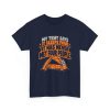 Navy flat vector T-shirt with the camping tent joke: My tent says it sleeps four. It has never met four people.