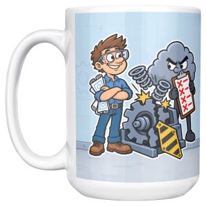 15 oz white ceramic engineer mug printed with "Tested It Twice. Reality Had Notes.", left side