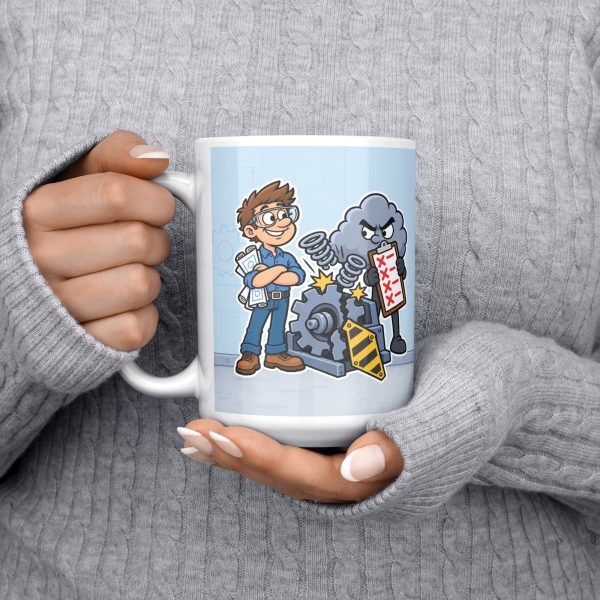 15 oz white ceramic engineer mug printed with "Tested It Twice. Reality Had Notes.", held at chest