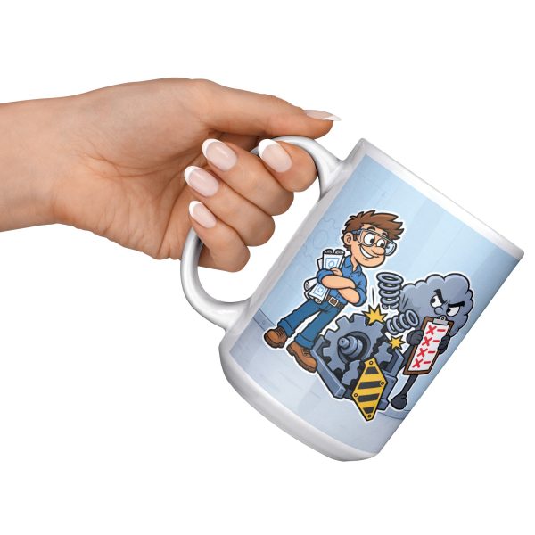 15 oz white ceramic engineer mug printed with "Tested It Twice. Reality Had Notes.", raised in hand