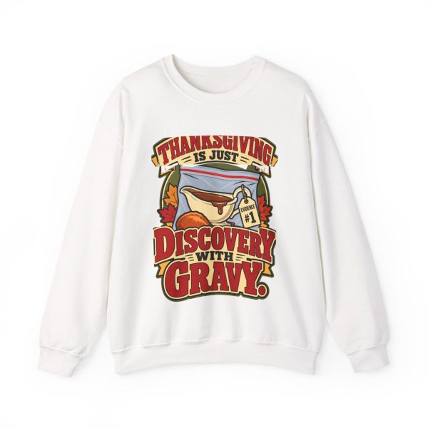 White flat vector crewneck sweatshirt with the lawyer joke: Thanksgiving is just discovery with gravy.
