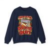 Navy flat vector crewneck sweatshirt with the lawyer joke: Thanksgiving is just discovery with gravy.