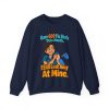 Navy flat vector crewneck sweatshirt with the pharmacist joke: Gave 600 flu shots this month. I still look away at mine.