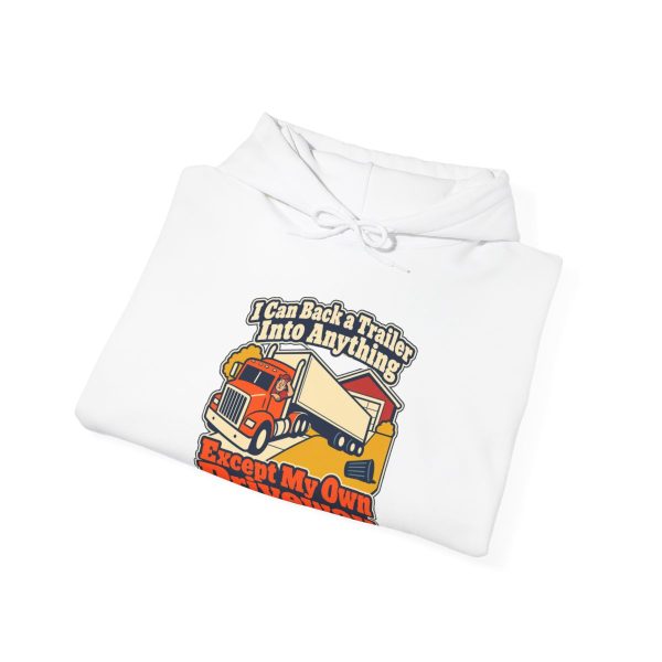 White hoodie printed with "I Can Back a Trailer Into Anything Except My Own Driveway.", folded view