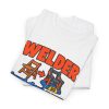 unisex-welder-tee-that-says-hand-them-a-5-chair-it-comes-bac-3 White T-shirt printed with an orange and blue WELDER dictionary entry, "Hand them a $5 chair. It comes back weighing 90 pounds.", folded view