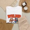 unisex-welder-tee-that-says-hand-them-a-5-chair-it-comes-bac-4 White T-shirt printed with an orange and blue WELDER dictionary entry, "Hand them a $5 chair. It comes back weighing 90 pounds.", styled flat lay