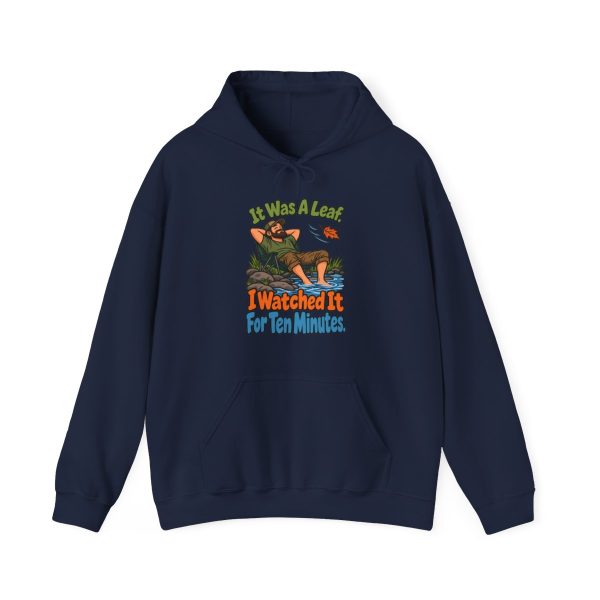 Navy hand-drawn hoodie with the birder joke: It was a leaf. I watched it for ten minutes.