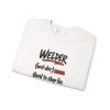 White hand-drawn crewneck sweatshirt with the welder dictionary joke: Hard to shop for. Already built it., folded view