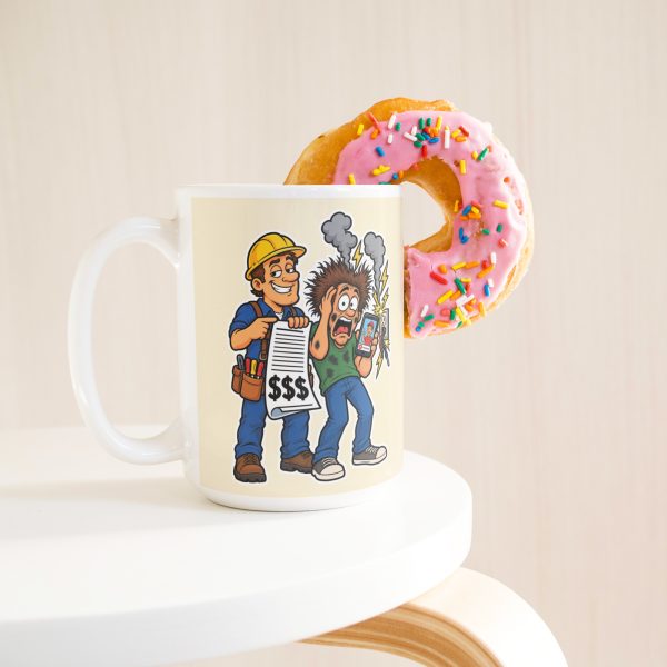 15 oz white ceramic electrician mug printed with "I Love DIY Wiring Videos. They Pay My Mortgage.", with a donut
