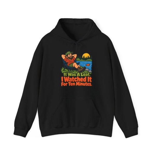 Black flat vector hoodie with the birder joke: It was a leaf. I watched it for ten minutes.