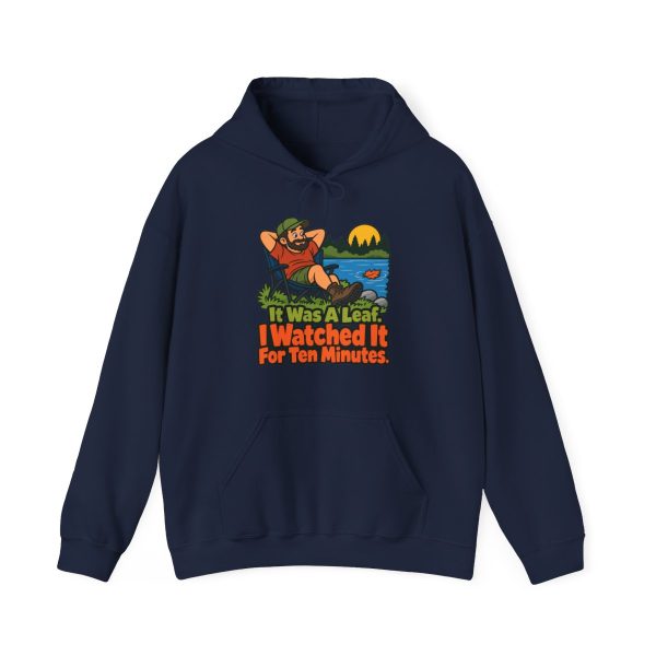 Navy flat vector hoodie with the birder joke: It was a leaf. I watched it for ten minutes.