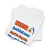 White flat vector T-shirt with the welder dictionary joke: Hard to shop for. Already built it., folded view