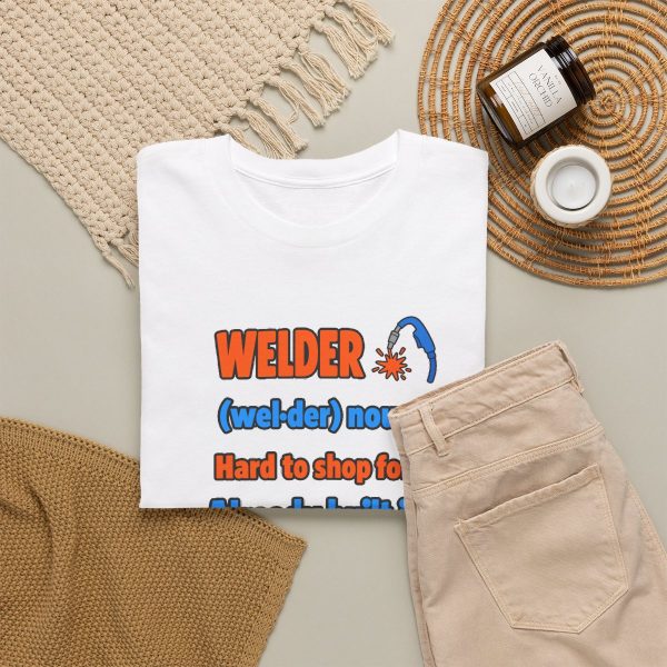 White flat vector T-shirt with the welder dictionary joke: Hard to shop for. Already built it., folded view