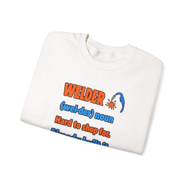 White flat vector crewneck sweatshirt with the welder dictionary joke: Hard to shop for. Already built it., folded view