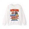 White crewneck sweatshirt printed with an orange and blue WELDER dictionary entry, "Hand them a $5 chair. It comes back weighing 90 pounds."