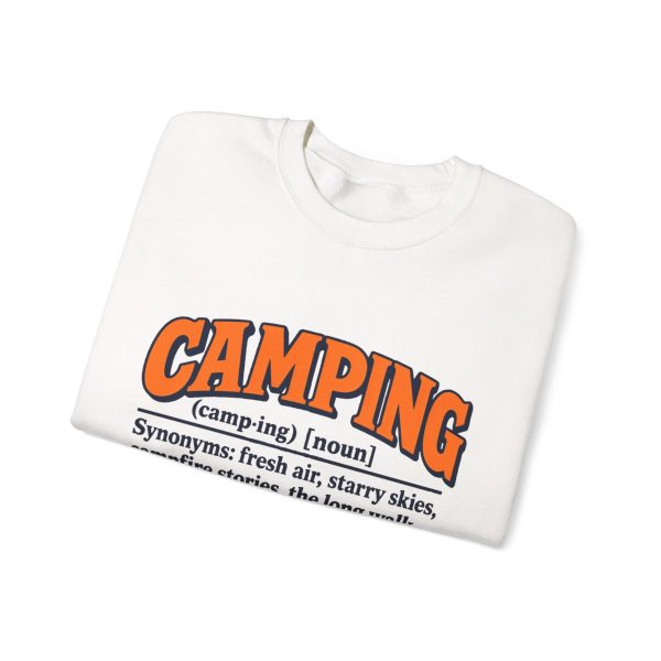 where-did-my-sleeping-pads-air-go-after-10-p-m-asks-a-campin-3 White crewneck sweatshirt printed with an orange and navy CAMPING dictionary entry ending "a sleeping pad that was full of air at 10 p.m.", folded view