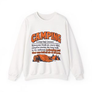 where-did-my-sleeping-pads-air-go-after-10-p-m-asks-a-campin-1 White crewneck sweatshirt printed with an orange and navy CAMPING dictionary entry ending "a sleeping pad that was full of air at 10 p.m."