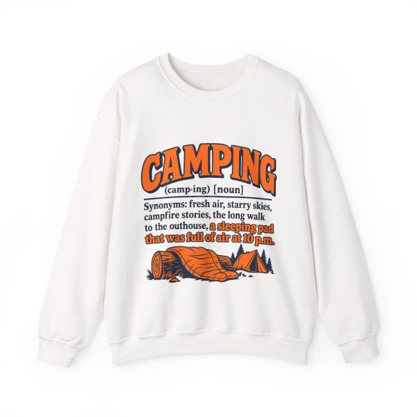 where-did-my-sleeping-pads-air-go-after-10-p-m-asks-a-campin-1 White crewneck sweatshirt printed with an orange and navy CAMPING dictionary entry ending "a sleeping pad that was full of air at 10 p.m."