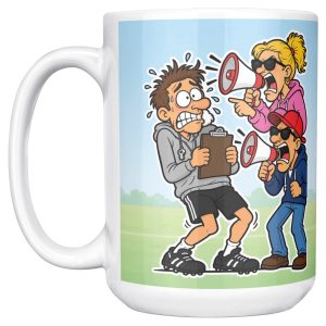 I COACH KIDS FOR FREE. PARENTS COST EXTRA. 15oz coach mug, left side 15 oz white ceramic youth coach mug printed with "I COACH KIDS FOR FREE. PARENTS COST EXTRA.", left side